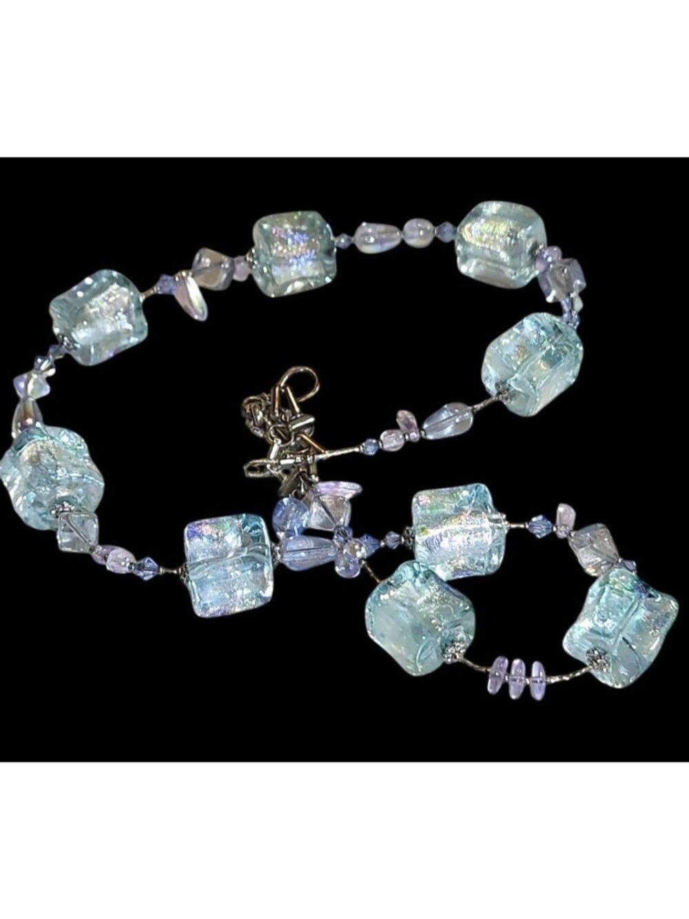 Vintage Pale Blue Beaded Necklace Square Glass Beads Dainty Blue Spacers